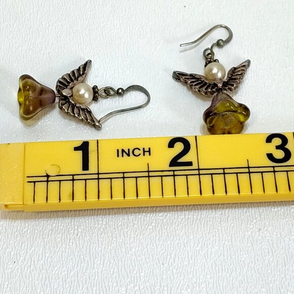 Angel Wing Earring Handcrafted Yellow Glass Flower Bead Faux Pearls Silver Hooks - Picture 4 of 4